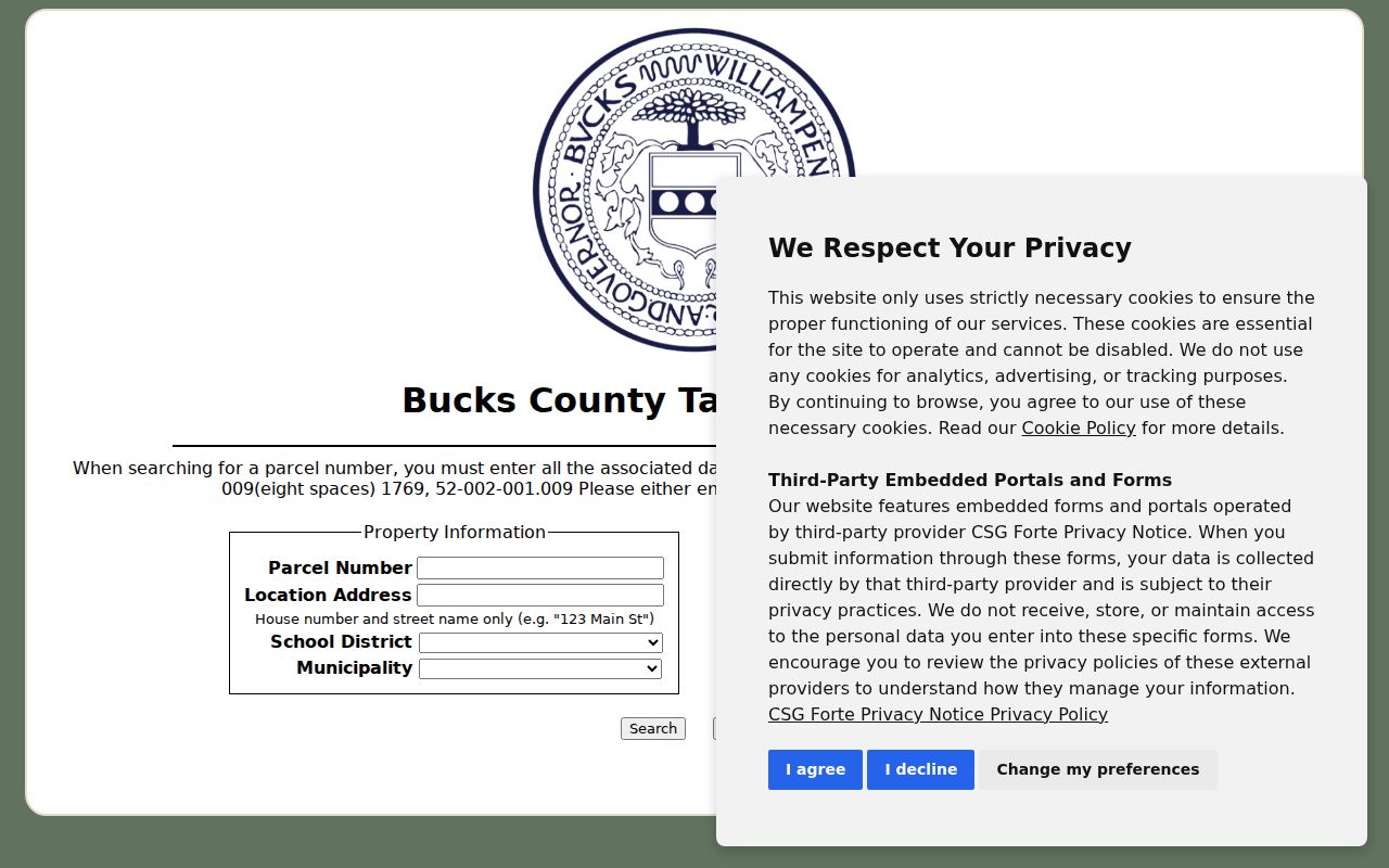 Warminster Township street directory view of Bucks County tax property search fields