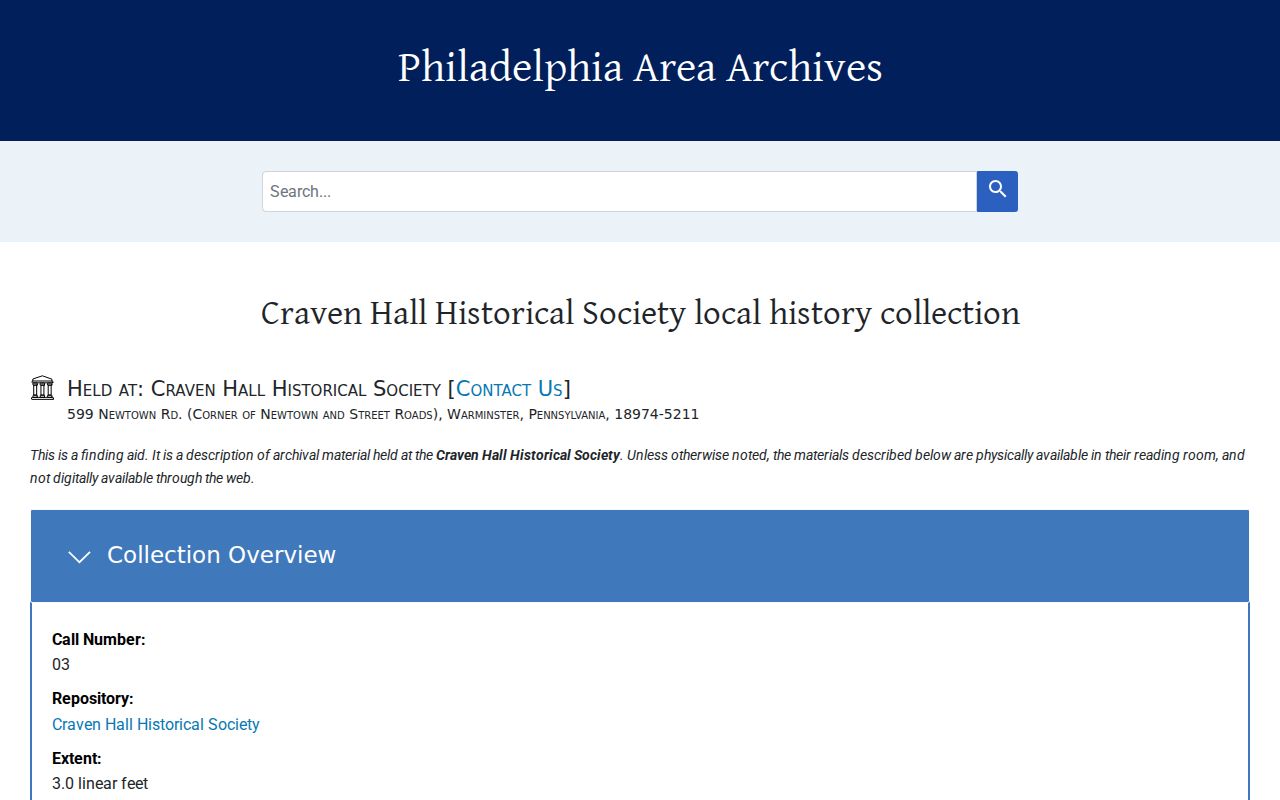 Warminster Township city directory archive route through the Craven Hall Historical Society finding aid