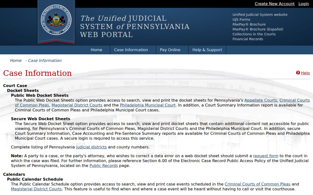 Warminster Township resident lookup UJS Case Information access screen