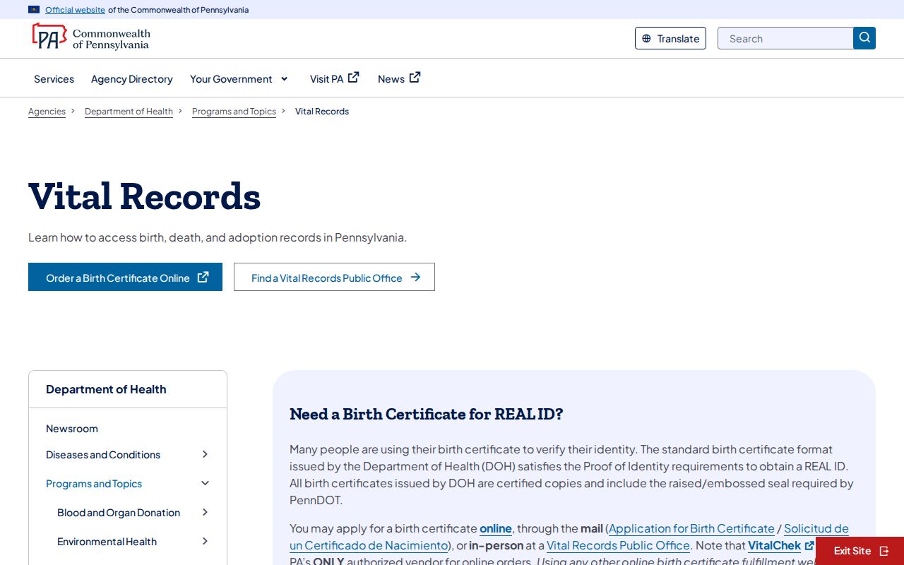Warminster Township resident lookup Pennsylvania Vital Records ordering page