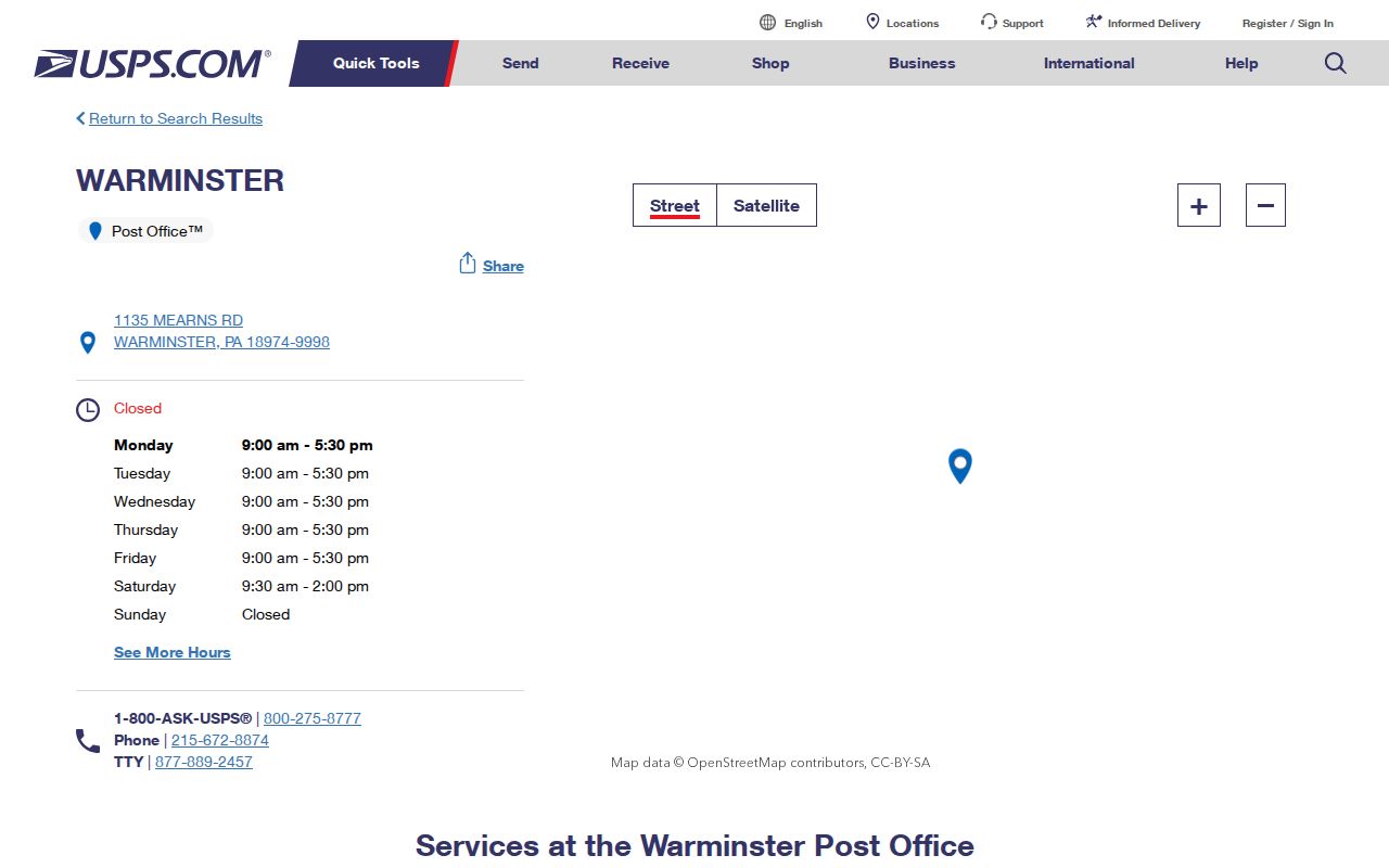 Warminster Township ZIP code reference at the USPS Warminster Post Office