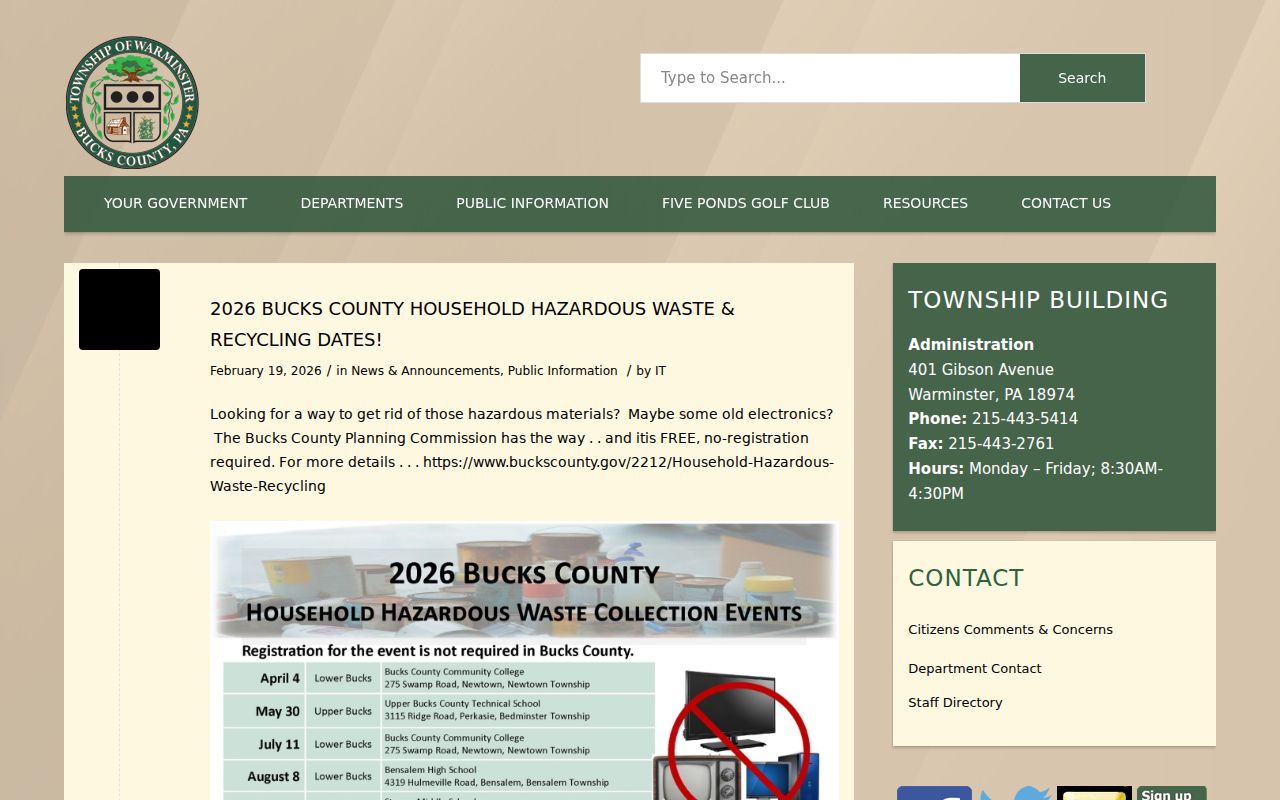 Warminster Township city directory history resource on the Township public-information page