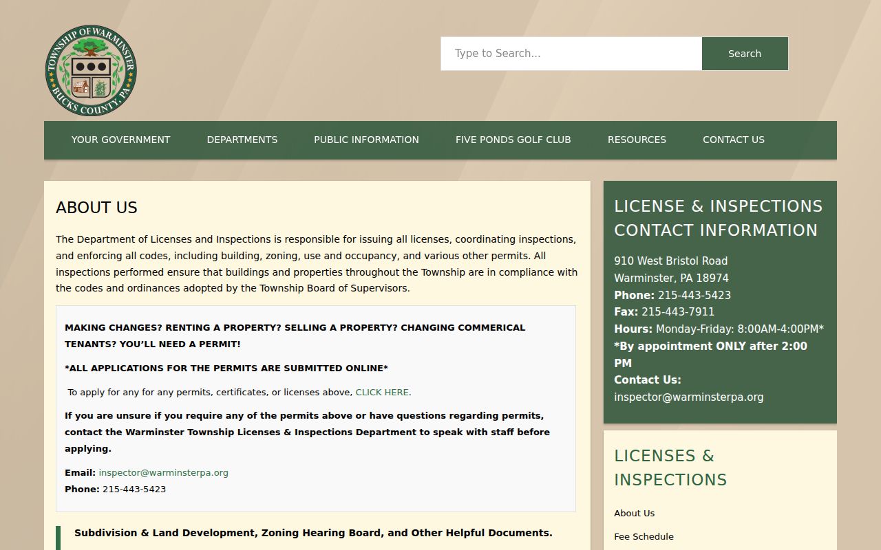Warminster Township residents directory permit and inspection access page